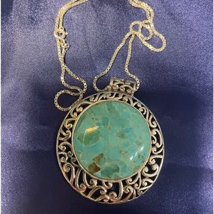 Gorgeous Large Ornate Turquoise Sterling Silver Pendant with box chain